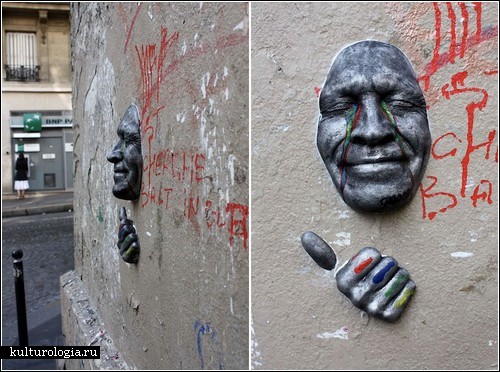 Гипсовые лица на стенах Парижа: стрит-арт от Gregos