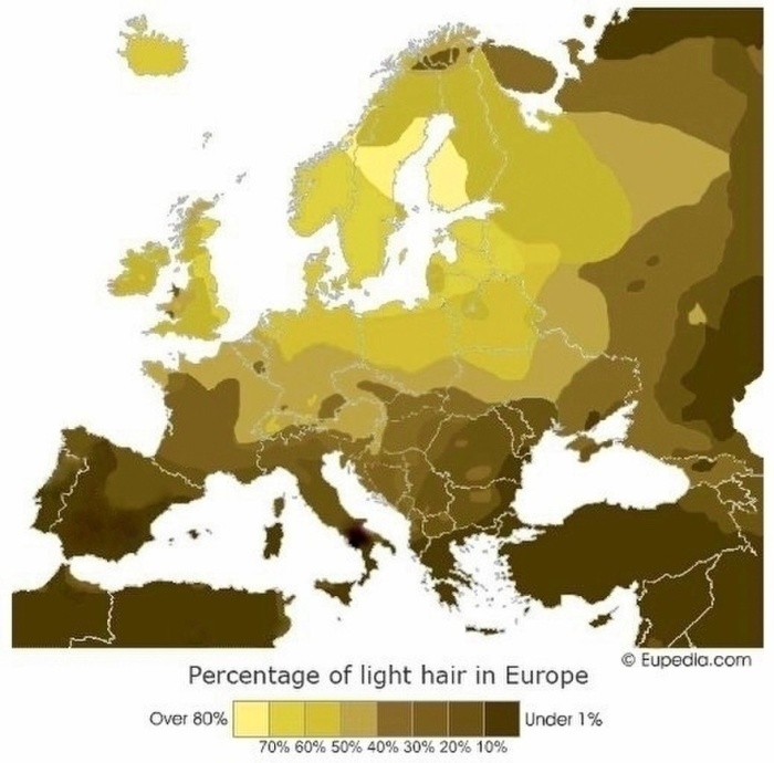 Распространенность людей со светлыми волосами в Европе.