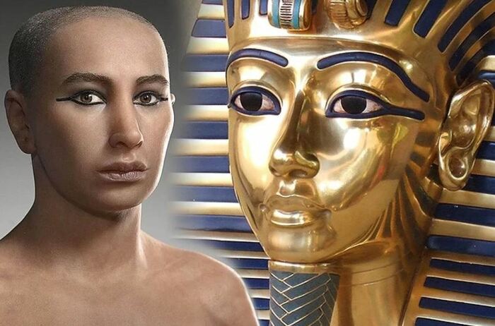 Облик фараона Татунхамона, восстановленный современными учеными, и его золотая маска.