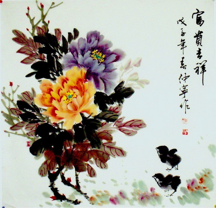 Традиционная китайская живопись: цветы и иероглифы на акварелях отChuan-Hong Li