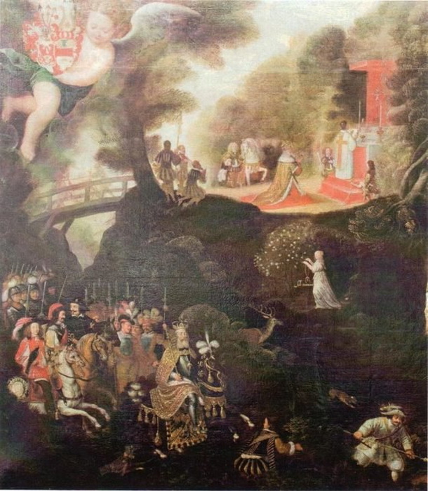 Картина анонимного художника, написанная в 1652 году, иллюстрирует легенду о чудесном спасении Людовика Благочестивого.
