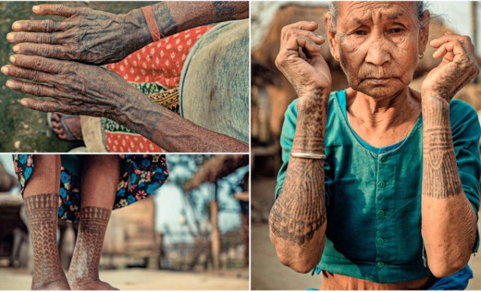 Женщины племени тхару наносят татуировки на руки и ноги.