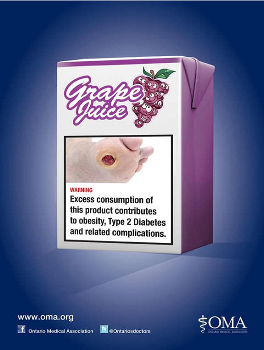 Надпись на коробке синтетического виноградного сока: «Избыточное потребление этого продукта приводит к ожирению, диабету 2 типа и осложнениям, связанным с ним»
