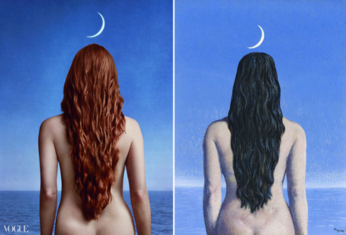 Слева: Джессика Честейн, фото Анни Лейбовиц. Справа: «The Evening Gown» Рене Магритта