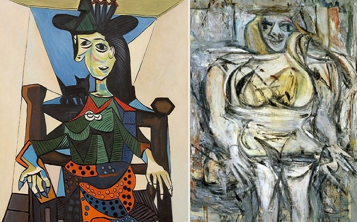 Слева: Дора Маар с кошкой, Пабло Пикассо. Справа: Женщина III, Виллем де Кунинг.