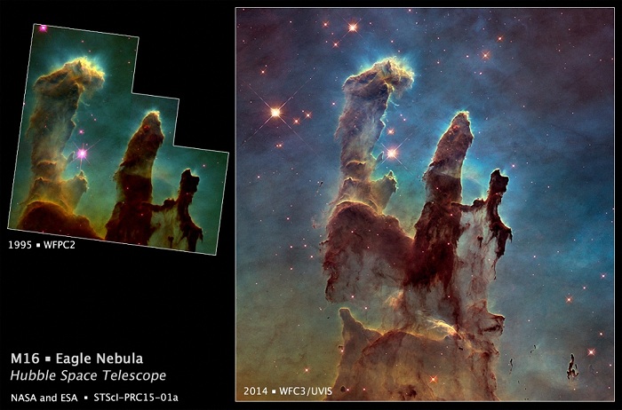 Сравнительные снимки «Столпов Творения» в 1995 и 2015 годах.
