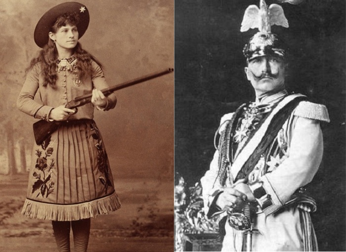Слева: женщина-стрелок Энни Оукли, справа: кайзер Вильгельм II.