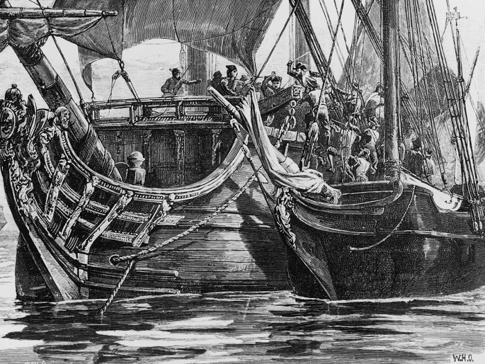 Французский пират Пьер Франсуа атакует судно испанского вице-адмирала. Ок. 1660 года.