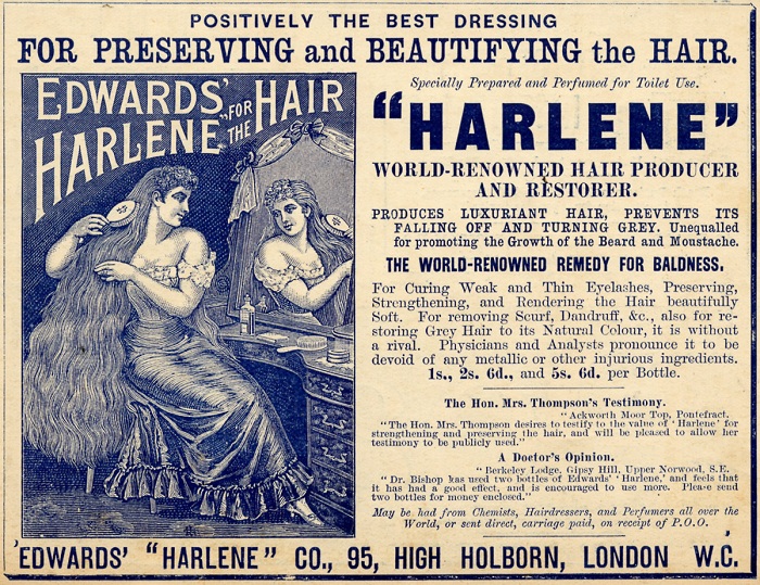 Реклама чудодейственного эликсира для роста волос 19 века.