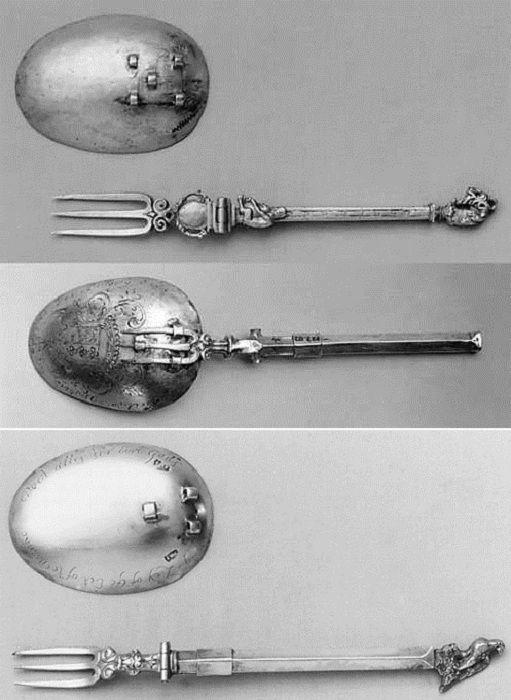 Примеры вилок XVI века.  Серебро, горный хрусталь, гравировка, позолота.