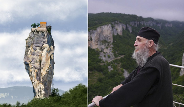 Столп Кацхи в Грузии: Монастырь на вершине одинокой скалы! Как живётся грузинским монахам на высоте... 40 метров! (Видео)