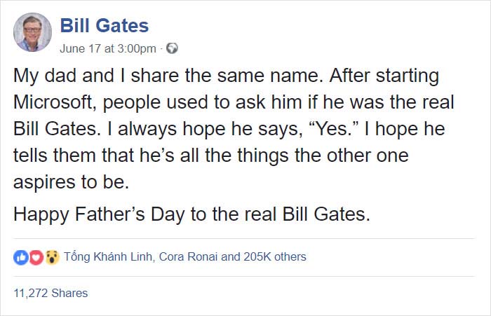 Сообщение, которое Билл Гейтс опубликовал у себя в Facebook на день отца.