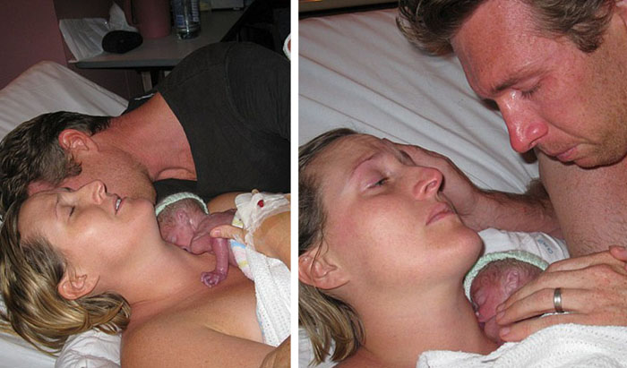 Кейт и Дейв Огг держат своего новорожденного сына.