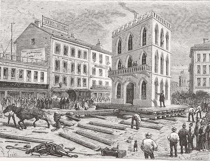 Гравюра 1877 года, изображающая передвижение трехэтажного дома с помощью лошади.