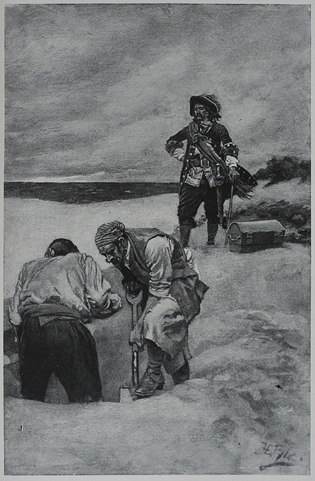 Кидд на Гардинере, наблюдает за захоронением сокровищ (иллюстрация из «Книги Говарда Пайла о пиратах»).