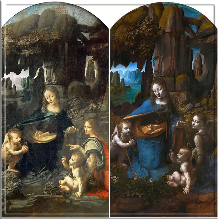 СЛЕВА: «Мадонна в скалах» (1483–1486) работы Леонардо да Винчи, хранится в Лувре в Париже, Франция. СПРАВА: «Мадонна в скалах» (1495–1508) работы Леонардо да Винчи, хранится в Национальной галерее в Лондоне, Великобритания.