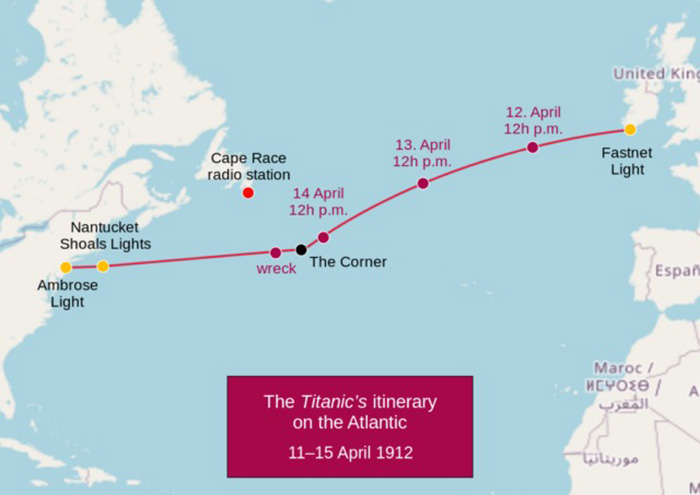 Маршрут «Титаника» по Северной Атлантике: от Фастнет-Лайт (Ирландия) до Эмброуз-Лайт (Нью-Йорк). / Фото: Wikimedia Commons 