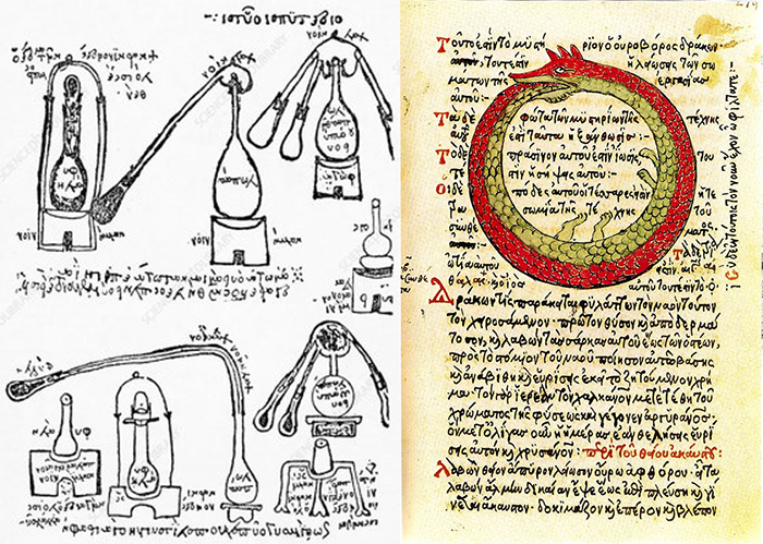 Страница рукописи Parisinus graecus, 14 век, на которой изображено дистилляционное оборудование Зосимы из Панополиса.