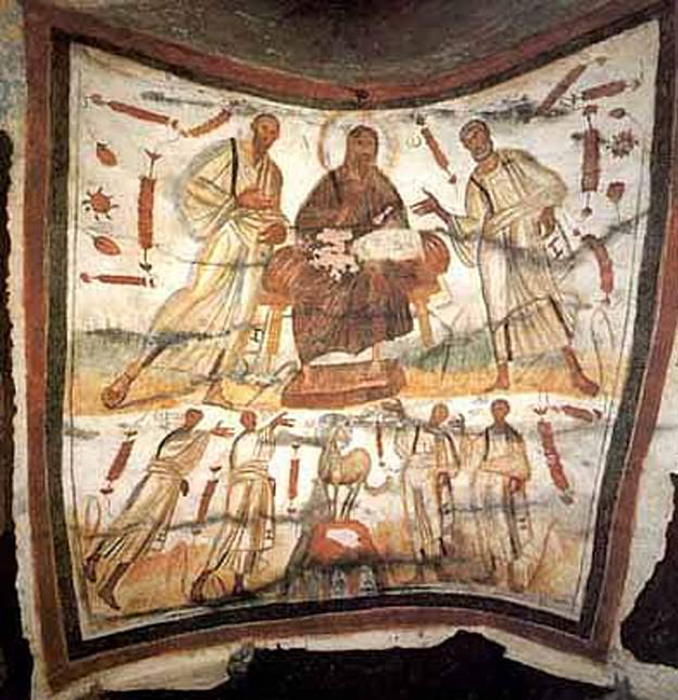 Фреска, изображающая Христа с его апостолами, ранняя христианская эпоха.