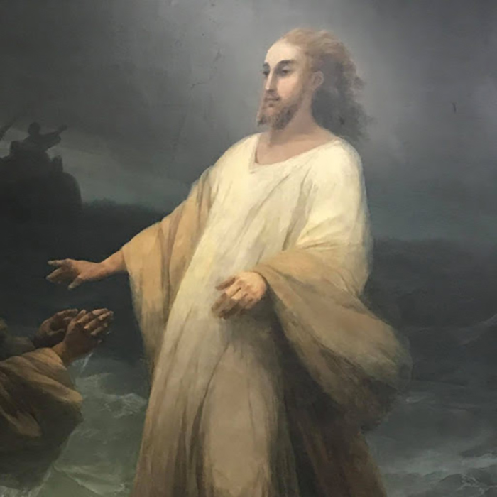 Иисус Христос успокаивает бурю на море и идёт по воде.
