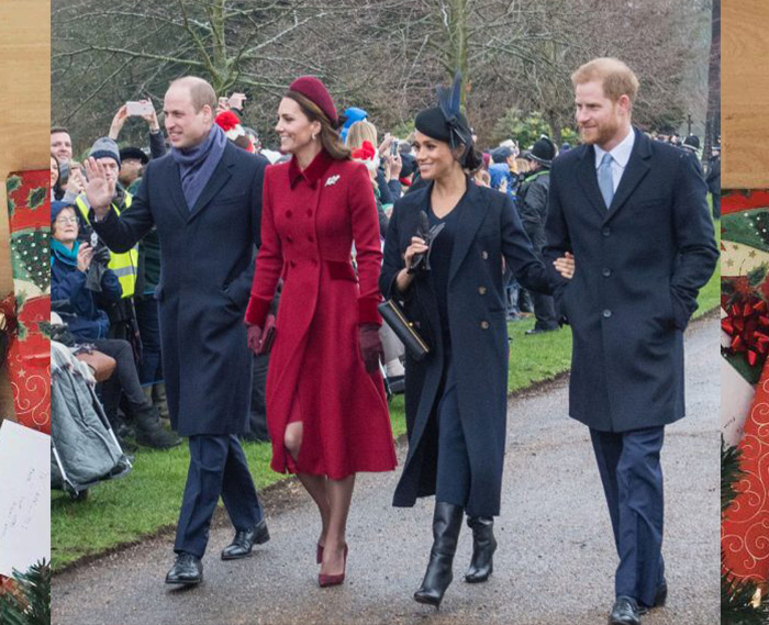 Принц Уильям, Кейт, Меган и принц Гарри на рождественской церковной службе в церкви Святой Марии Магдалины в поместье Сандрингем 25 декабря 2018 года в Кингс-Линн, Англия.