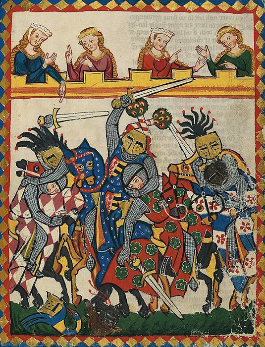 Сражение двух рыцарей на турнире. Миниатюра из Манесского кодекса (около 1300 года).