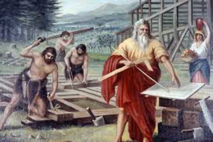 Ной с сыновьями строит ковчег.