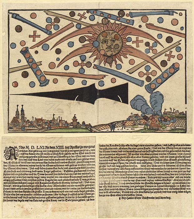 Изображение необычайной небесной битвы в Нюрнберге в 1561 году.