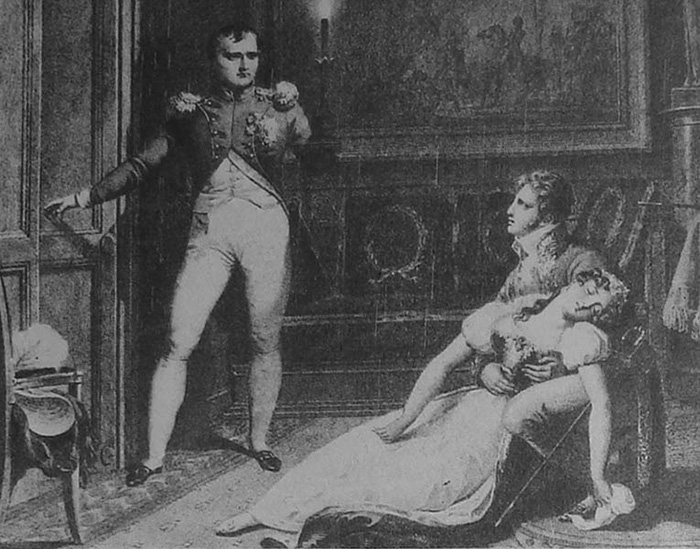 Без чувств падает Жозефина на руки своему возлюбленному, когда Наполеон, возвратившийся из похода, уведомляет её о своем решении разорвать брак. Гравюра того времени. / Фото: chubo.narod.ru/