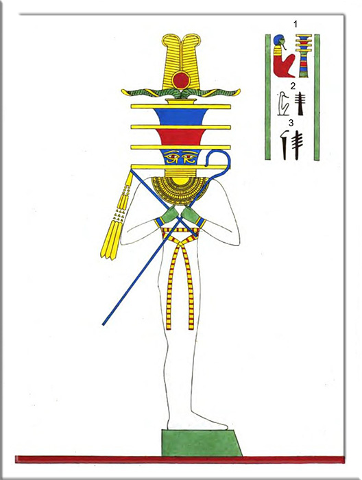 Антропоморфный столб с телом и глазами Осириса, держащий Хеку и Нехаку.