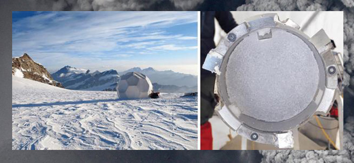Слева: место бурения ледяных скважин в Колле Гнифетти в Швейцарии. Справа: фрагмент ледяного керна, использовавшийся для расшифровки свидетельств о климатическом катаклизме 536 года.
