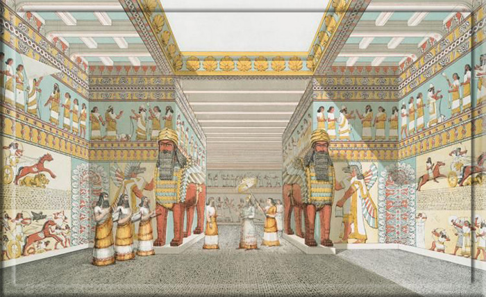 Впечатление художника от зала в ассирийском дворце из  «Памятников Ниневии» сэра Остина Генри Лейарда, 1853 г.