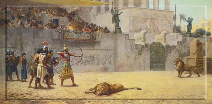 Ашшурбанипал охотится на львов, Фредерик Артур Бриджмен, 1878 год.
