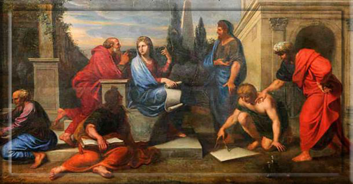 На этой картине Микеле Корнеля Младшего 1670-х годов Аспасия изображена в окружении греческих философов.
