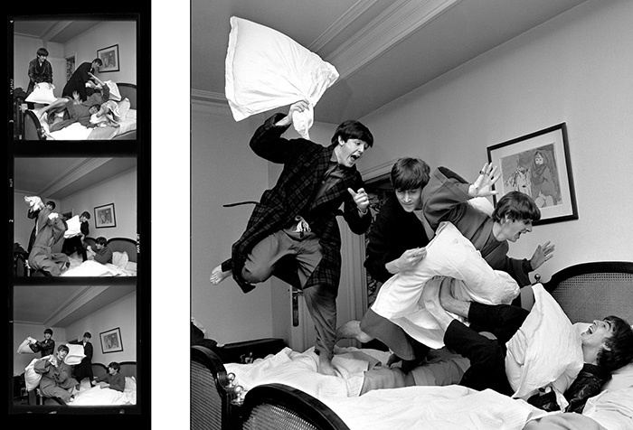 Справа: культовая парижская фотография Бенсона «Битлз с подушками», один из 23 кадров, которые он сделал в ночь, когда группа узнала, что их песня «I Want to Hold Your Hand» вошла в чарты США. / Фото: vanityfair.com