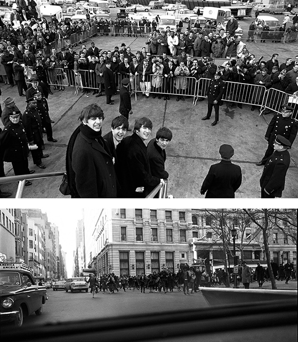 Вверху: по прибытии в аэропорт имени Джона Кеннеди в Нью-Йорке 7 февраля 1964 года «Битлз» встретила толпа фанатов и СМИ. Внизу: два дня спустя фанаты бросаются к лимузину группы. / Фото: vanityfair.com