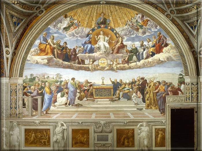 Диспут о Святом Таинстве (1509–1510) Рафаэля, расположенный в Рафаэлевских комнатах Апостольского дворца в Ватикане, Италия.