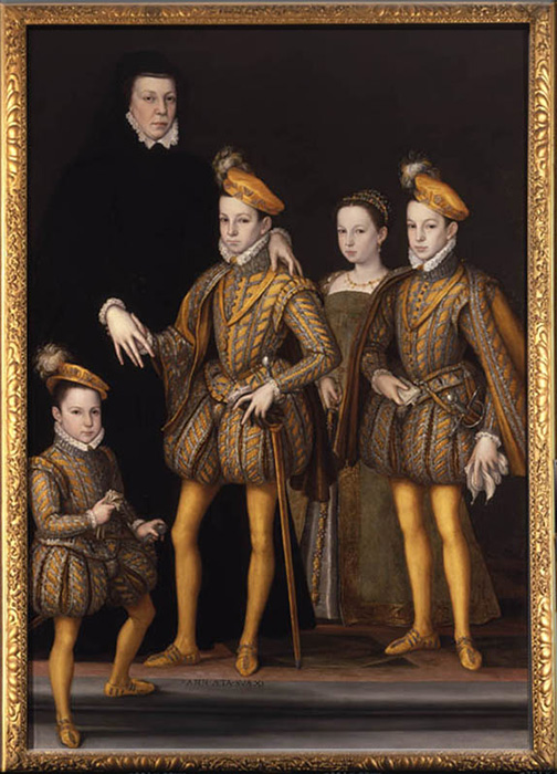 Портрет Екатерины 1561 года с четырьмя её детьми (слева направо): Франсуа-Эркюль, герцог Анжуйский и Алансонский; Карл IX; Маргарита Валуа; и будущий Генрих III.