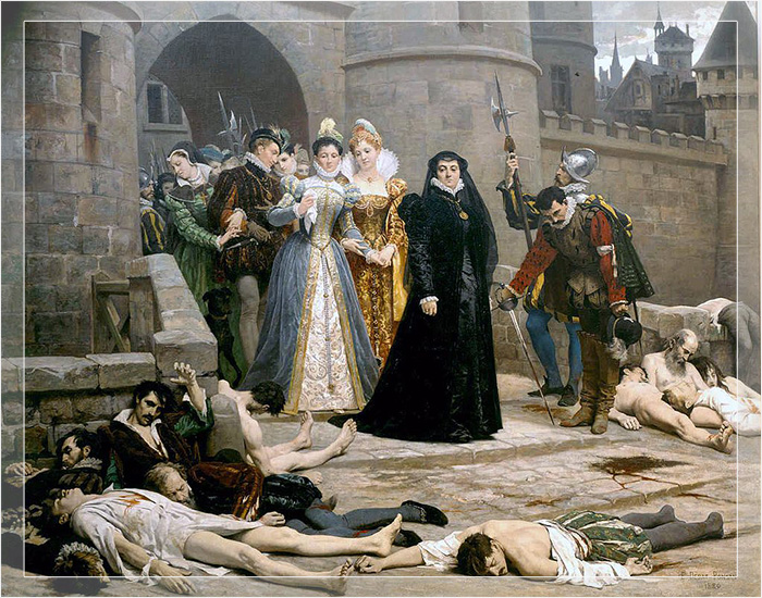 Картина XIX века, изображающая Екатерину в чёрном, осматривающую тела убитых гугенотов.
