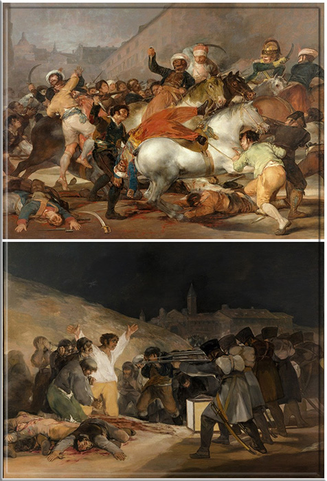 Вверху: «Второе мая 1808 года или Атака мамелюков» (1814 г.). Внизу: «Третье мая 1808 года» (1814 г.), Франсиско де Гойя.