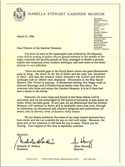 Официальное объявление об украденных шедеврах из музея Изабеллы Стюард Гарднер, 1990 год.
