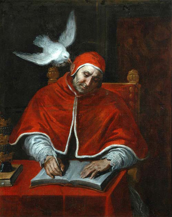 Папа Григорий, также известный как Святой Григорий, часто изображается с голубем, шепчущим ему на ухо, что является признаком божественного вдохновения. Эта картина написана Хуаном Ризи около 1660 года. / Фото: ancient-origins.net