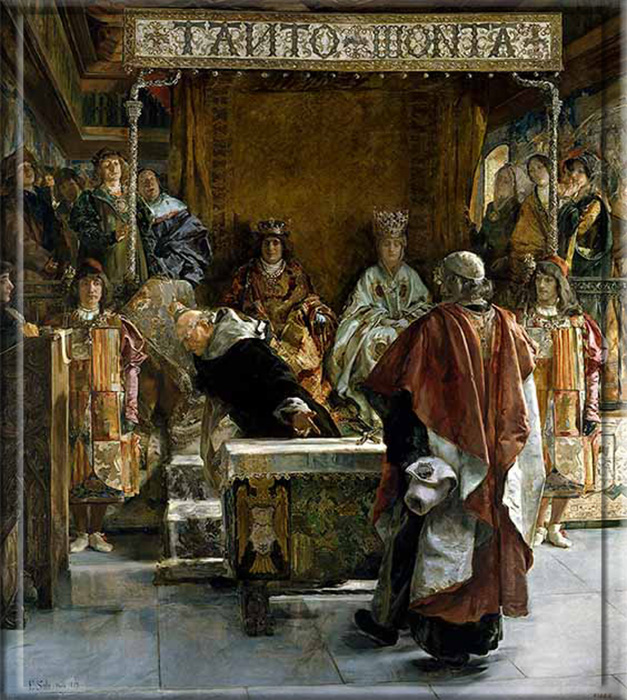 Великий инквизитор, монах Томас де Торквемада, преподносит на подпись королю Фердинанду II Арагонскому и королеве Изабелле I Кастильской указ об изгнании евреев из Испании.