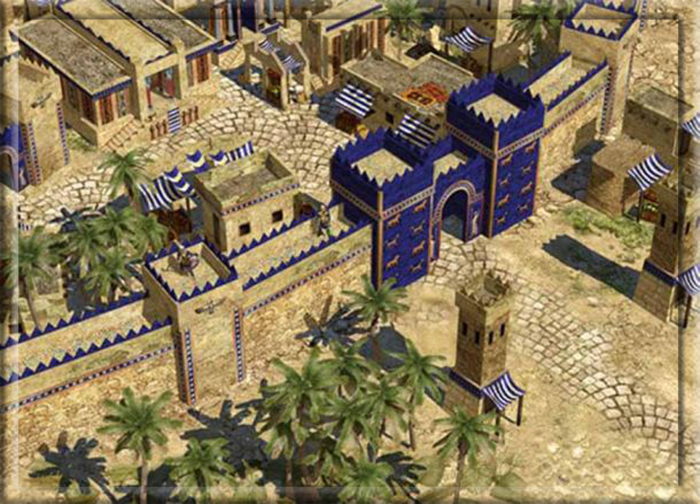 Снимок экрана, изображающий Врата Иштар из исторической стратегической игры O AD, разрабатываемой в настоящее время компанией Wildfire Games.