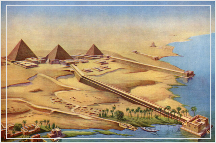 Реконструкция трёх пирамид в Абусире с их храмами и подходами.