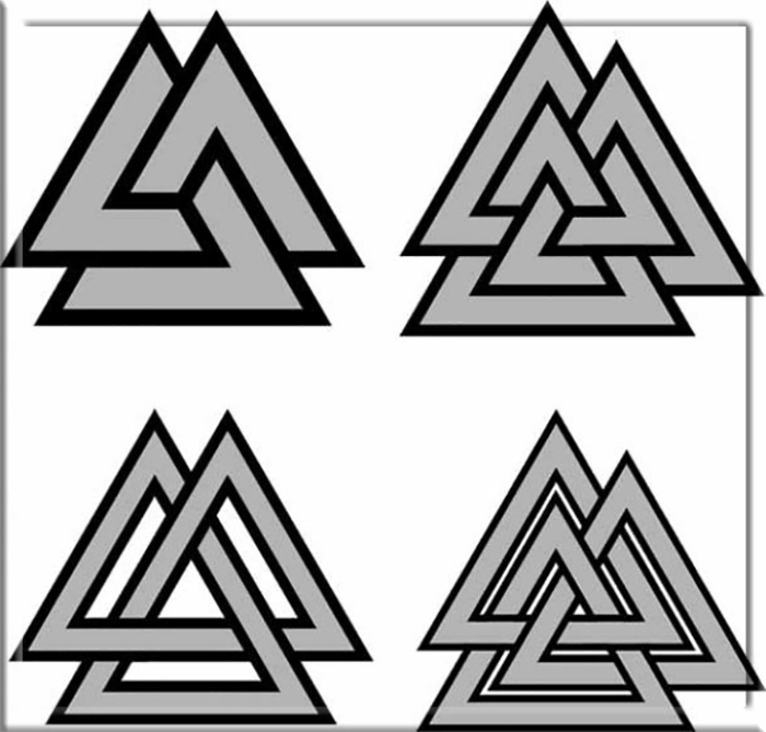 Уникурсальный (слева) и трёхкурсный (справа) варианты символа Валькнута. 