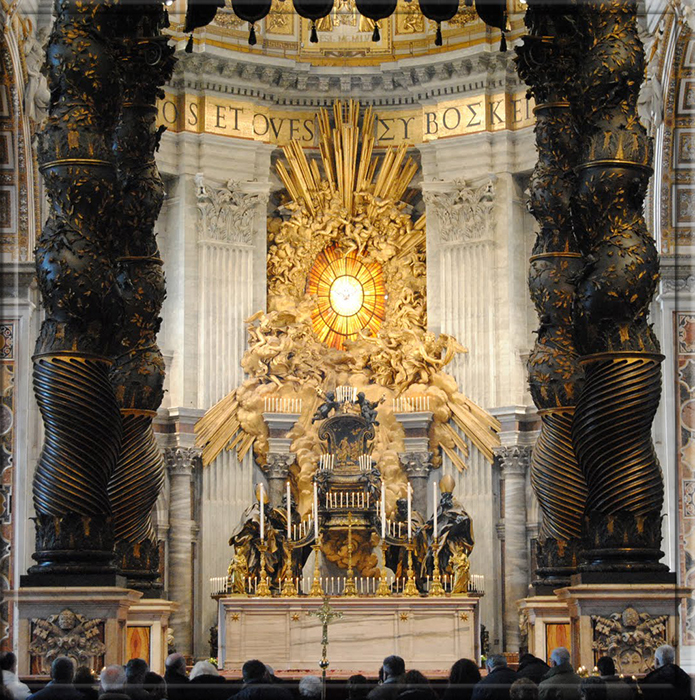 Главный алтарь и балдахин собора Святого Петра. Алтарь кафедры Святого Петра на заднем плане.