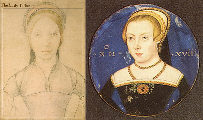 Портрет работы Ганса Гольбейна Младшего, ранее считавшийся портретом Джейн Болейн, но теперь идентифицированный как изображение леди Грейс Паркер (слева) и настоящий портрет леди Рочфорд (справа).