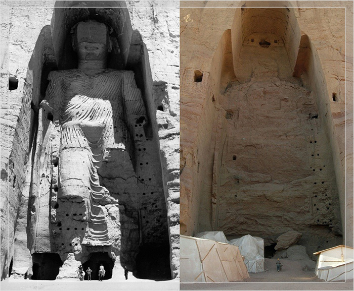 Больший Будда Бамиана до (левое фото) и после разрушения (справа). 