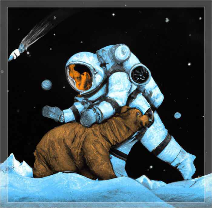 Космонавт сражается с медведем.